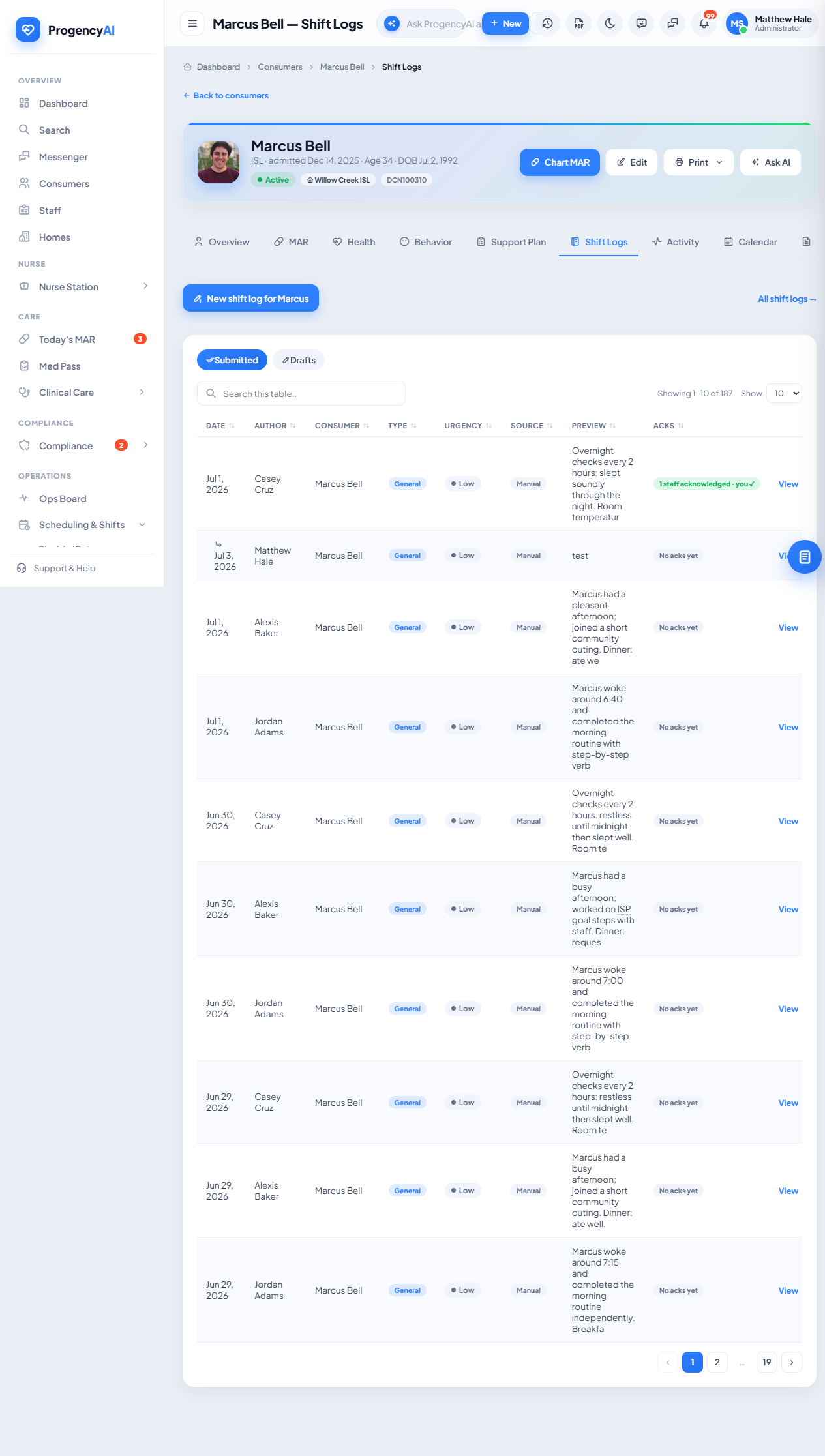 Shift logs & handoff screenshot