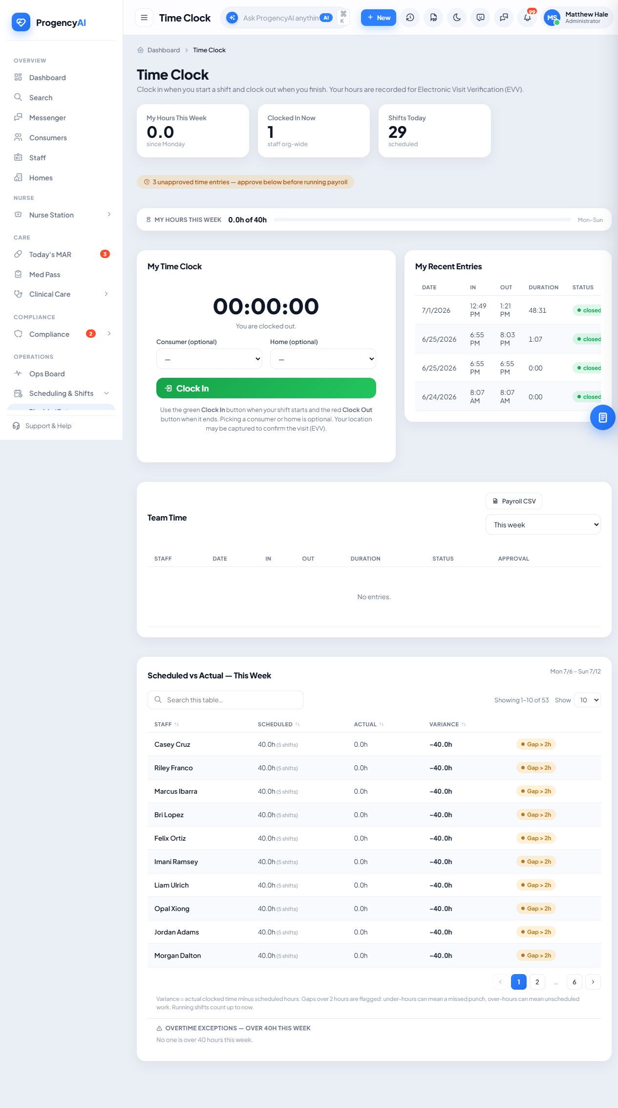 Time clock + shift briefing screenshot