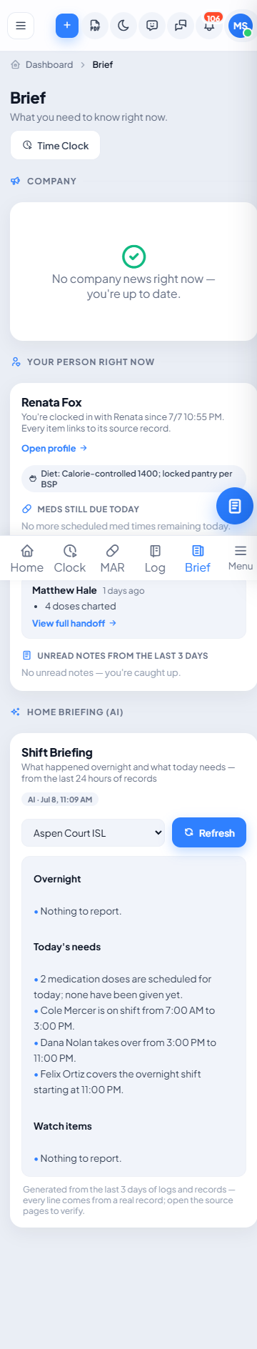 ProgencyAI mobile shift briefing screenshot